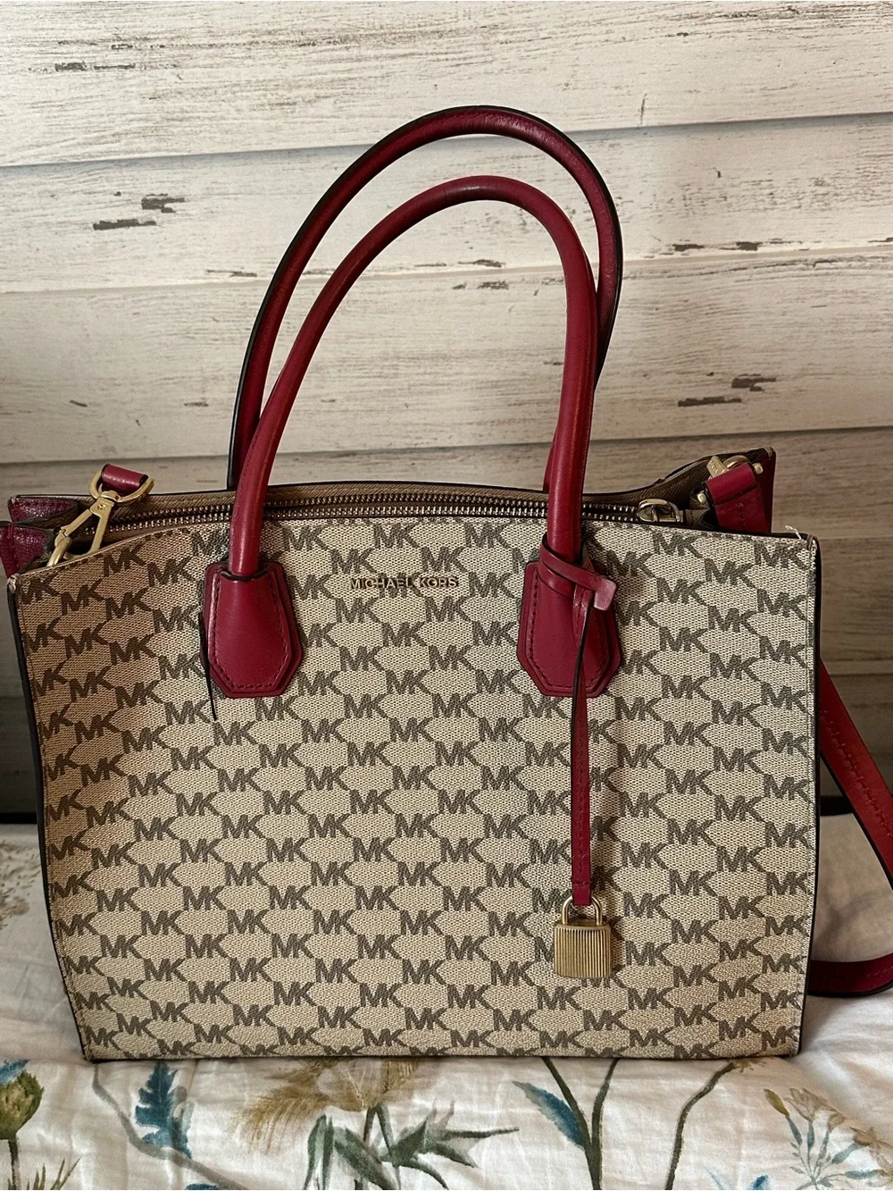 Michael Kors Beige MK Logo Satchel with Red Trim